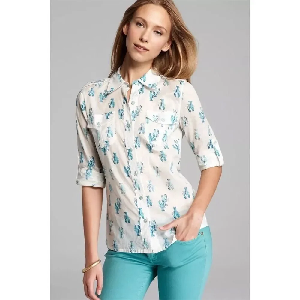 Tory Burch Women's Lobster Print Blouse White Long Sleeve Size 0
